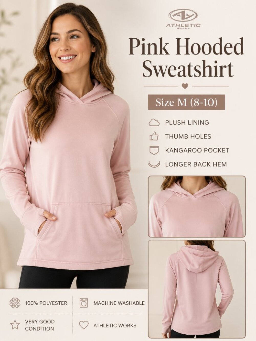 Athletics Works Pink Plush Hooded Sweatshirt Women’s Medium Pockets Thumb Holes